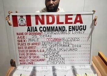 NDLEA officers and recovered cocaine wraps at Enugu Airport